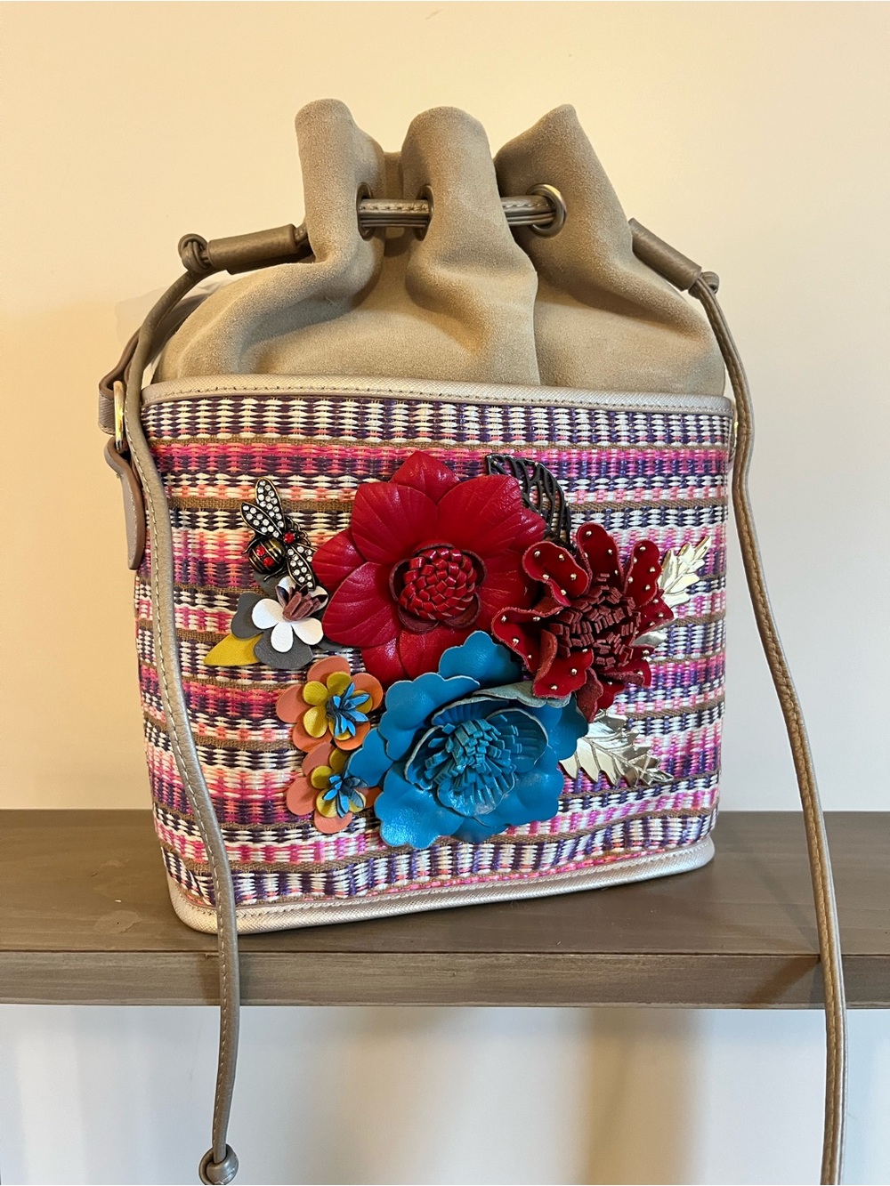 NWOT Sharif Floral Appliqué Bucket Crossbody - Pink, Red & Blue